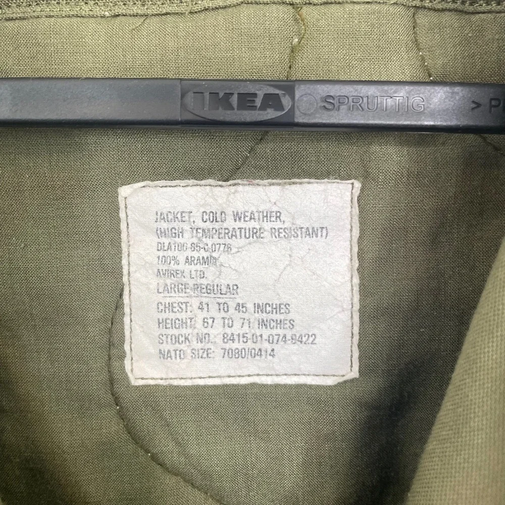 Vintage Avirex US Military Cold Weather Aramid Tanker Jacket Green Large - Picture 3 of 6